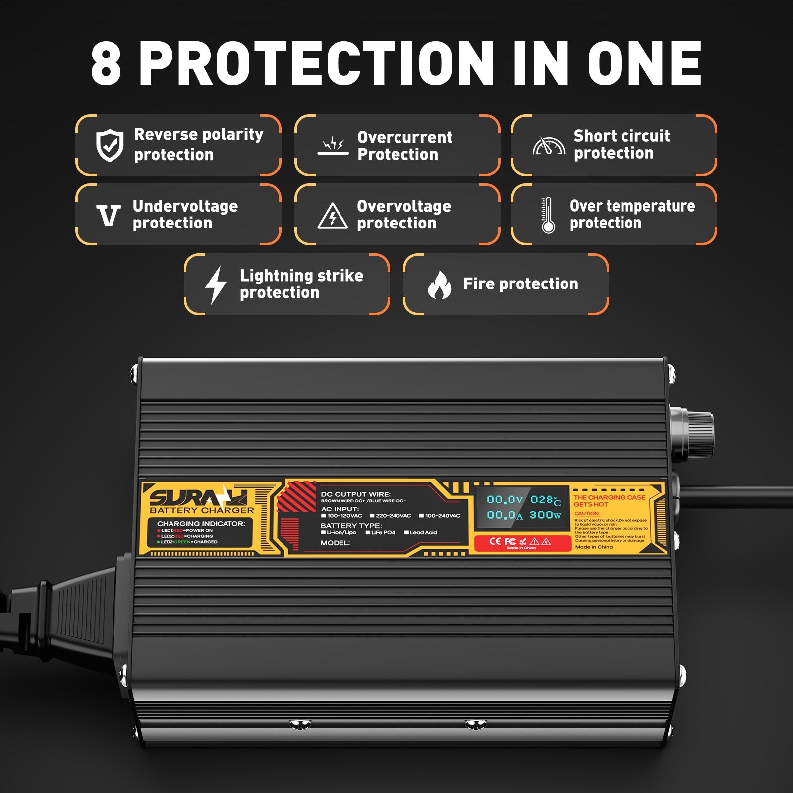 Suraziki Lead Acid Battery 72V 2A Battery Charger for 72V Lead Acid AGM GEL Deep Cycle and Auto Starting Batteries, LED Display, Full Protection，Aluminum alloy shell