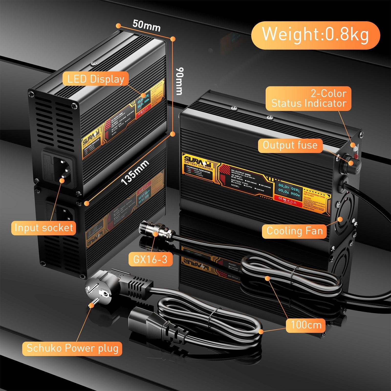 Suraziki LiFePO4 43.8V 6A Battery Charger for 36V/38.4V Lithium Iron Phosphate Batteries, LED Display, Full Protection