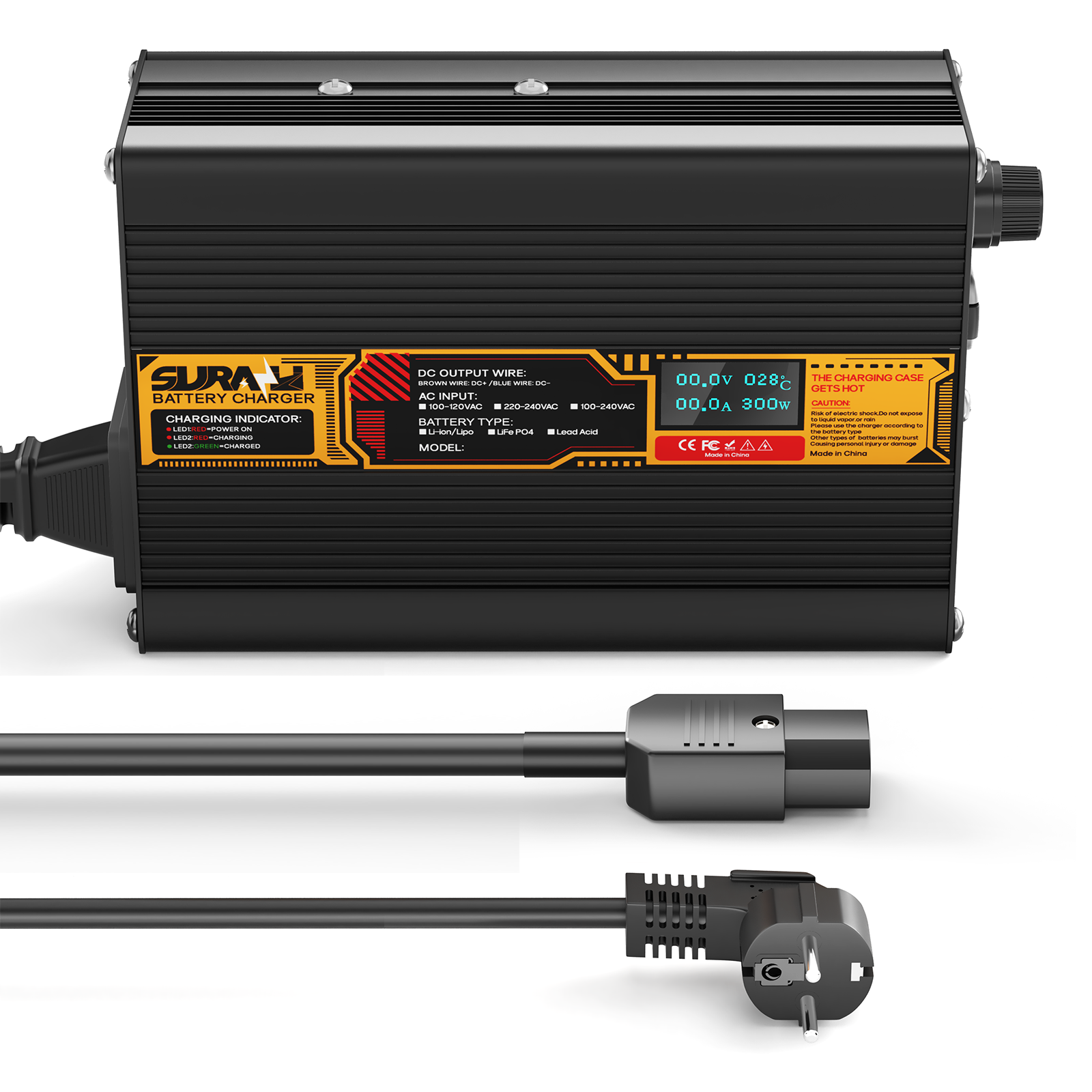 Suraziki LiFePO4 43.8V 6A Battery Charger for 36V/38.4V Lithium Iron Phosphate Batteries, LED Display, Full Protection