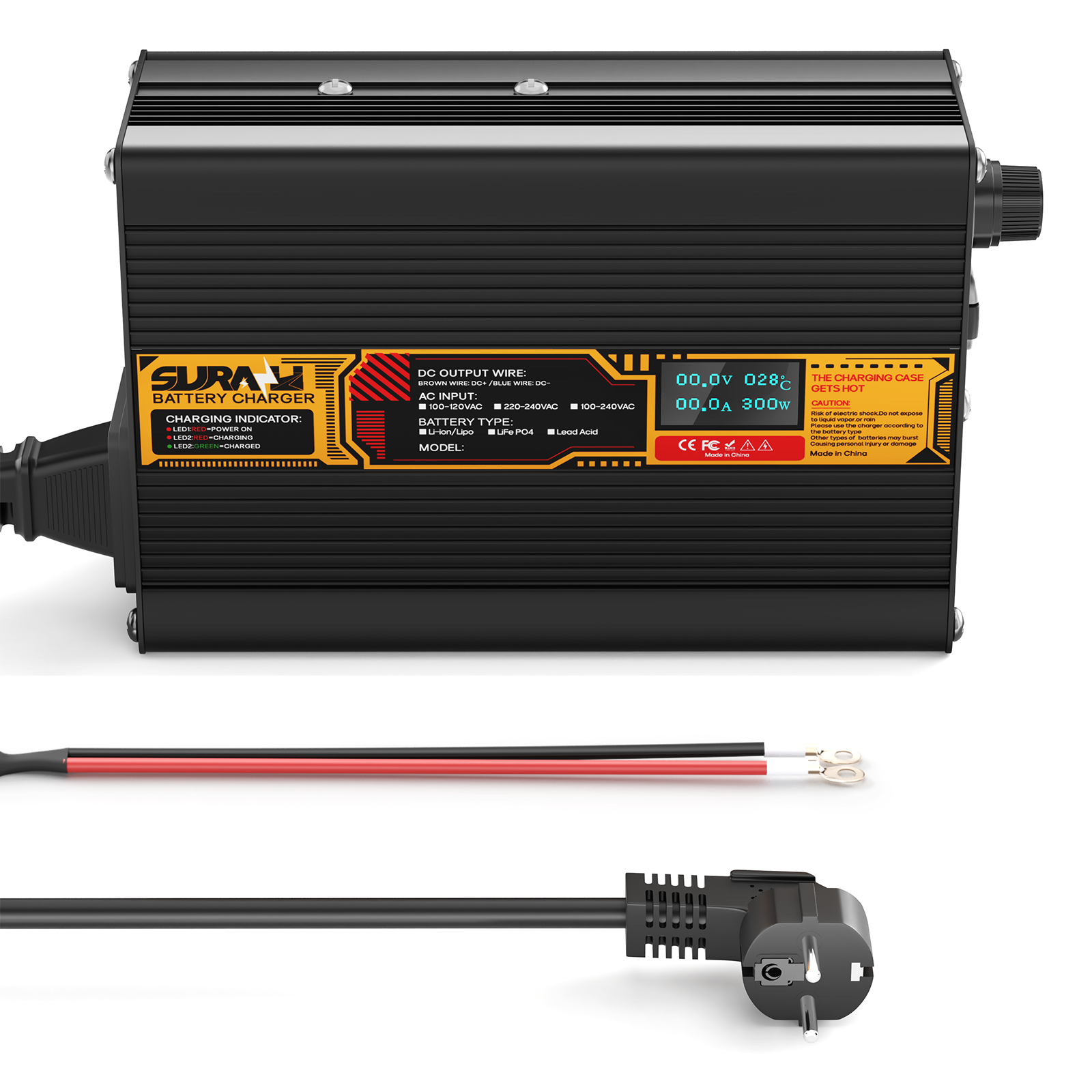 Suraziki LiFePO4 43.8V 6A Battery Charger for 36V/38.4V Lithium Iron Phosphate Batteries, LED Display, Full Protection