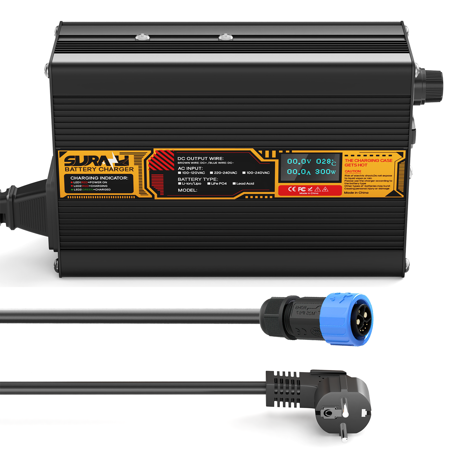 Suraziki LiFePO4 43.8V 6A Battery Charger for 36V/38.4V Lithium Iron Phosphate Batteries, LED Display, Full Protection