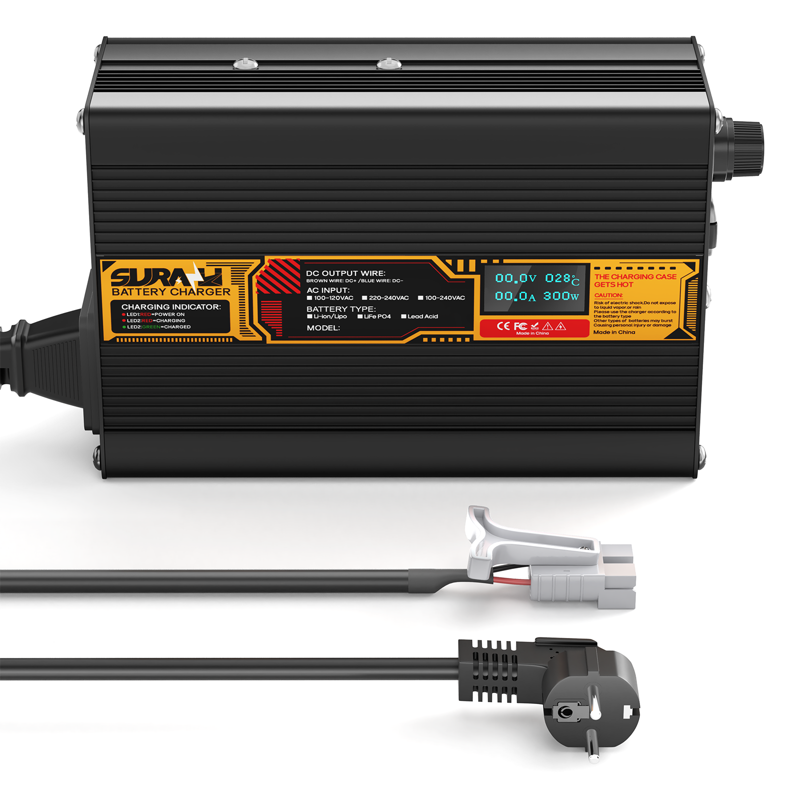 Suraziki LiFePO4 43.8V 6A Battery Charger for 36V/38.4V Lithium Iron Phosphate Batteries, LED Display, Full Protection