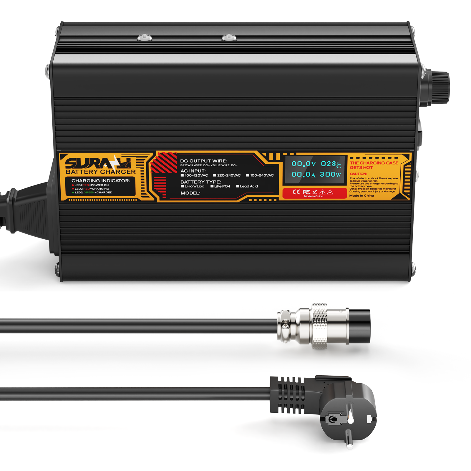 Suraziki LiFePO4 43.8V 6A Battery Charger for 36V/38.4V Lithium Iron Phosphate Batteries, LED Display, Full Protection