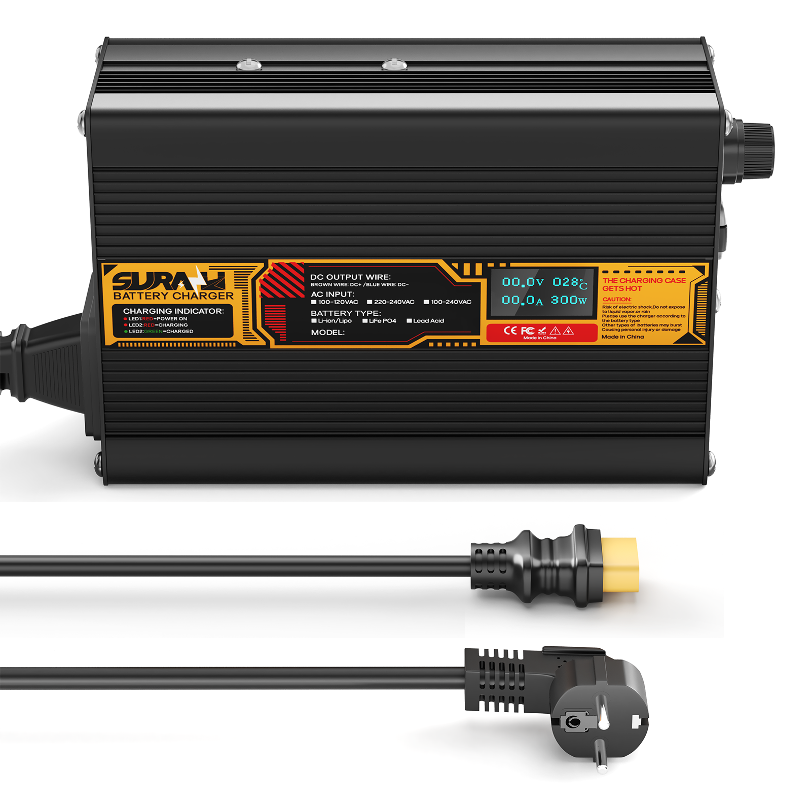 Suraziki LiFePO4 43.8V 6A Battery Charger for 36V/38.4V Lithium Iron Phosphate Batteries, LED Display, Full Protection