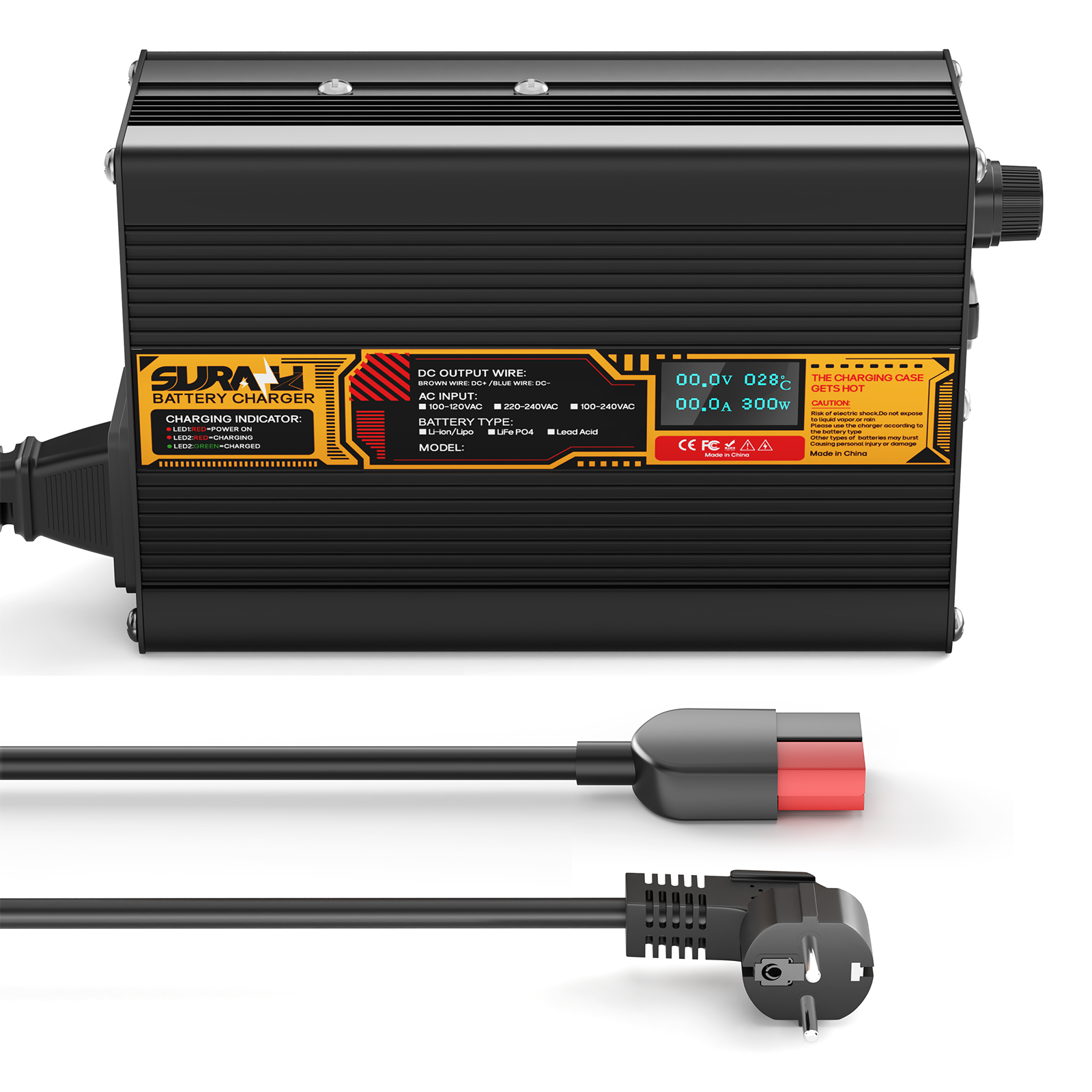 Suraziki LiFePO4 43.8V 6A Battery Charger for 36V/38.4V Lithium Iron Phosphate Batteries, LED Display, Full Protection