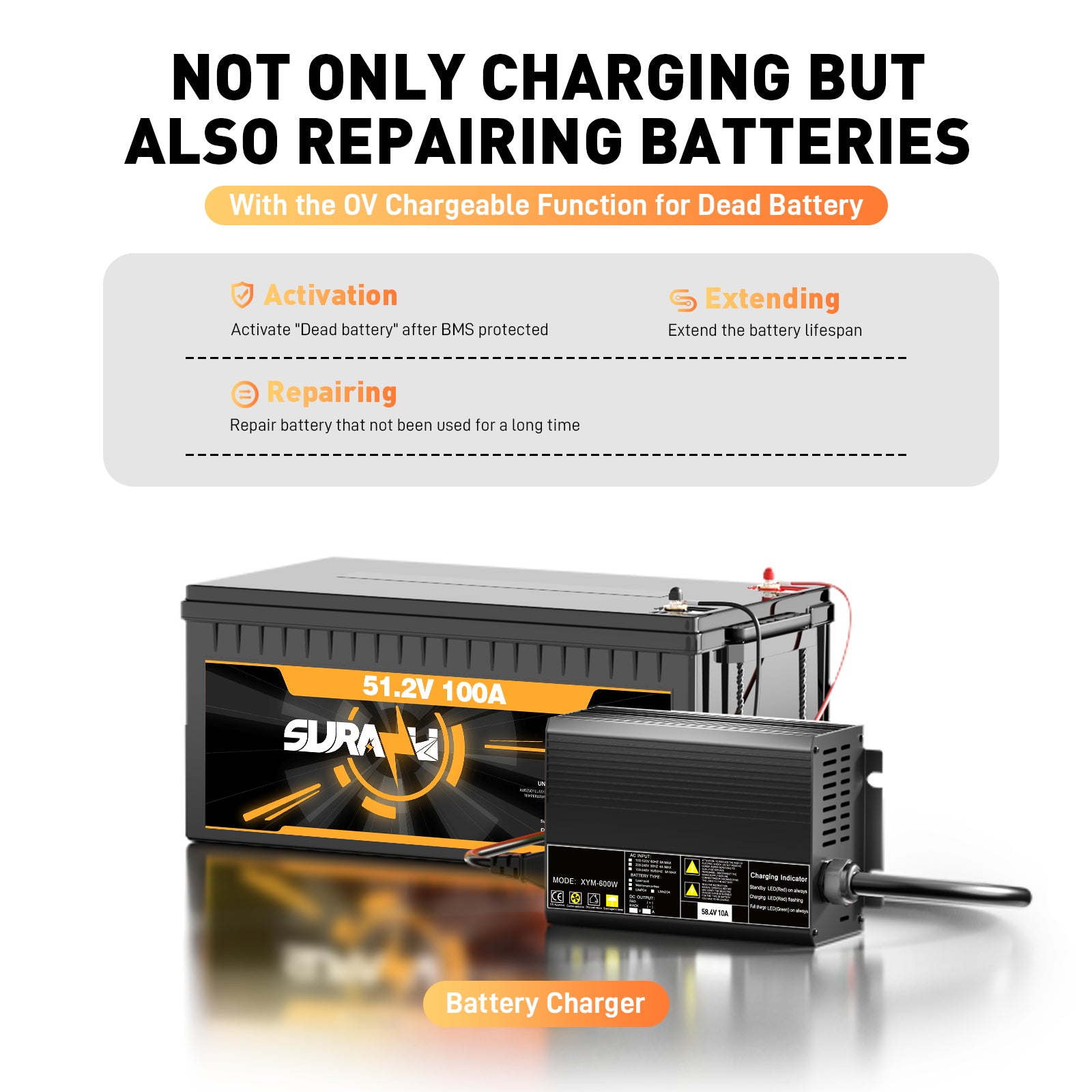 58.4V 10A Charger For 51.2V (48V) 16S LiFePO4 Battery 0V activation, automatic shutdown